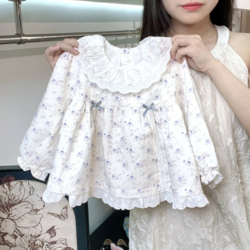 女童秋季套装2025花边衬衫蝴蝶结碎花娃娃衫打底裤两件套甜美蕾丝|undefined