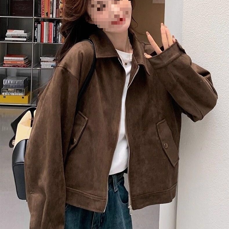 Small-sized vintage jacket with a turn-down collar, short style, American rad style, new Korean version, coat, top, jacket, coffee color Small-sized vintage jacket with a turn-down collar, short style, American rad style, new Korean version, coat, top, jacket, coffee color
