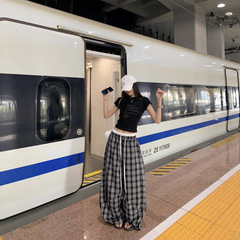 美式潮牌拼接假两件双腰头格子裤男女复古慵懒风宽松阔腿休闲裤子