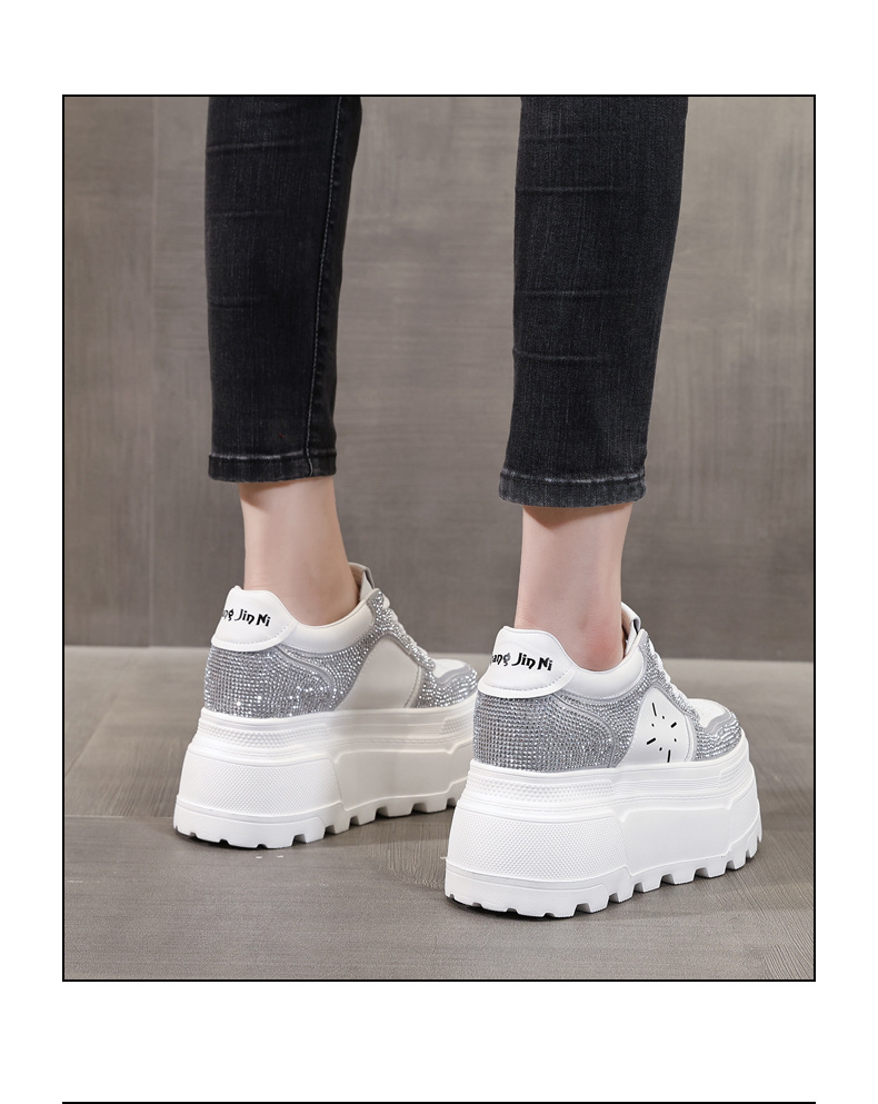 Giày sneaker nữ đế dày độn cao bên trong, phối đá rhinestone trắng thời trang — bạc trắng chi tiết 16