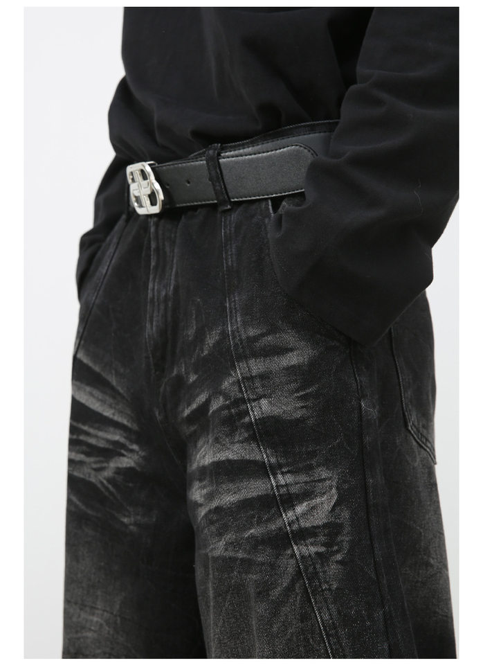 Quần jean nam ống đứng rộng rãi phối mảng giải cấu trúc, denim giặt nước — Đen xám chi tiết 12