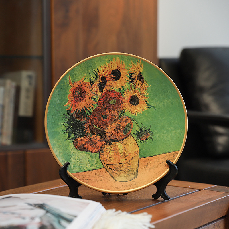 New Chinese-Style Painted Ceramic Display Plate Van Gogh Oil Painting Creative Home Wall Hanging Plate Living Room Decorative Wall Art Rustic Pottery