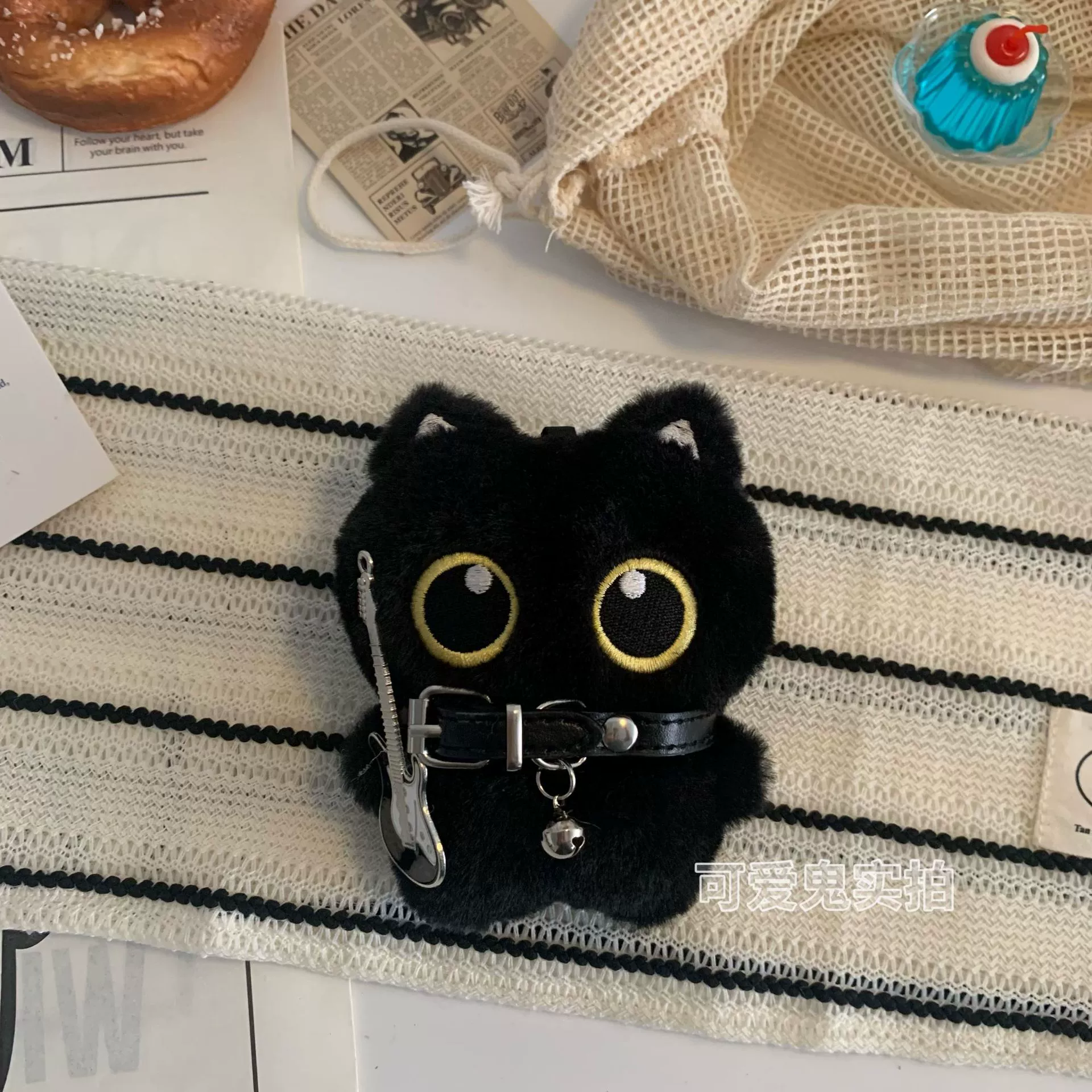 Симпатичный панк маленькая черная кошка кукла подвеска рок-ошейник гитара плюшевая игрушка праздничный подарок на день рождения