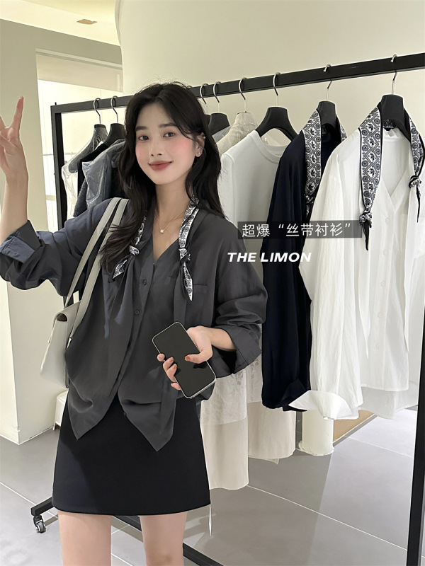 THE LIMON柠檬绿茶2025秋季韩版气质V领飘带长袖衬衫女衬衣配丝巾|undefined