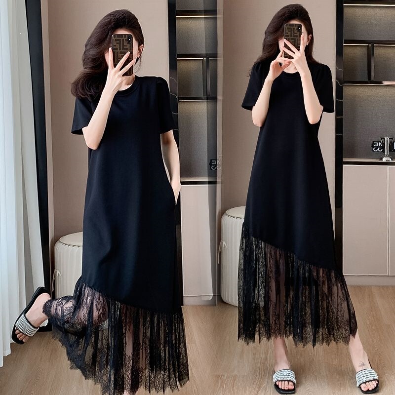 Extra-Long Lace Patchwork Dress for Women, New Summer Style, Super Fairy-Like, Age-Reducing, Slimming, Over-The-Knee Long Dress