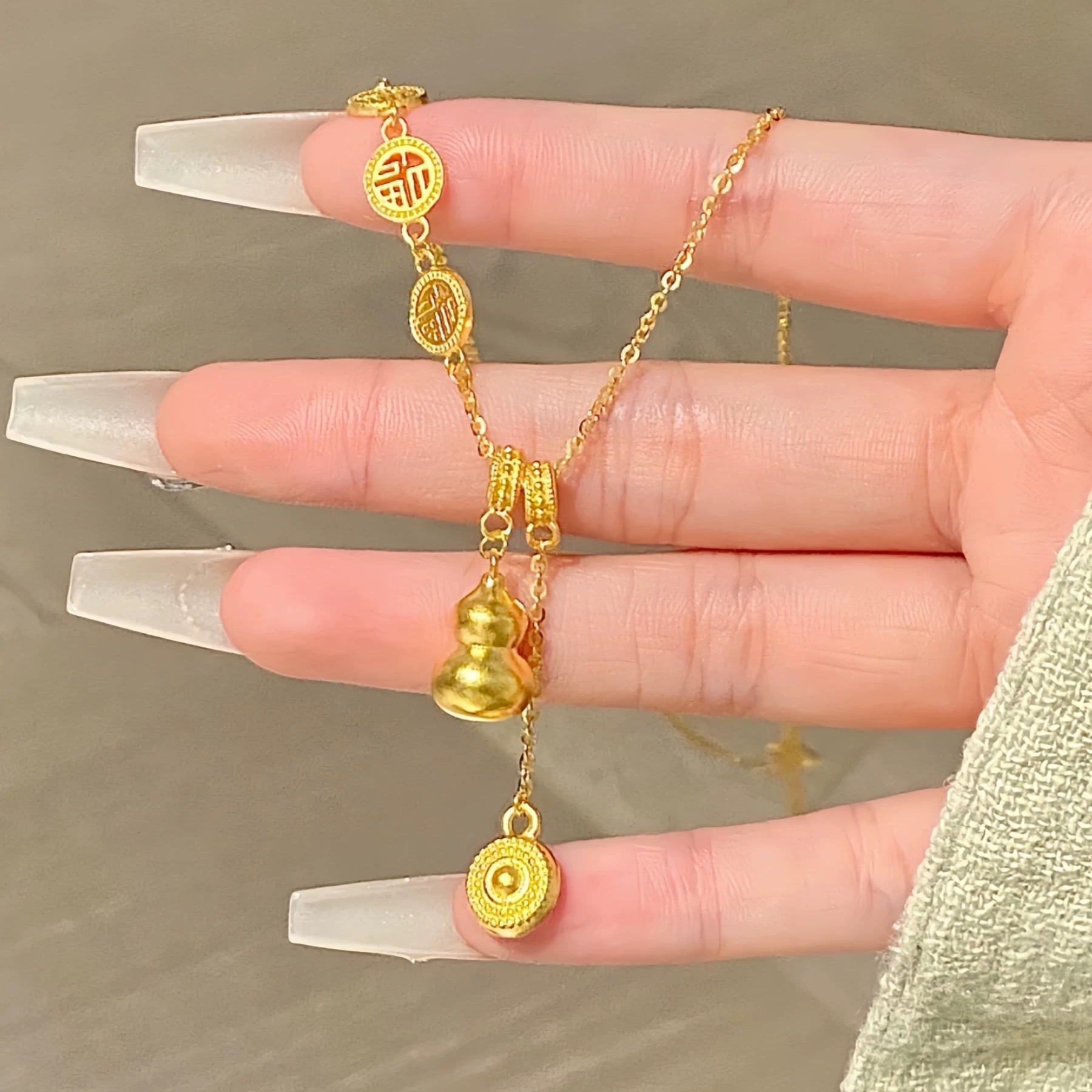 Collana con catena antica Sha Gold Fu Lu Shou, ciondolo a forma di zucca Ruyi di buon auspicio, clavicola, per fidanzata_voghion.com