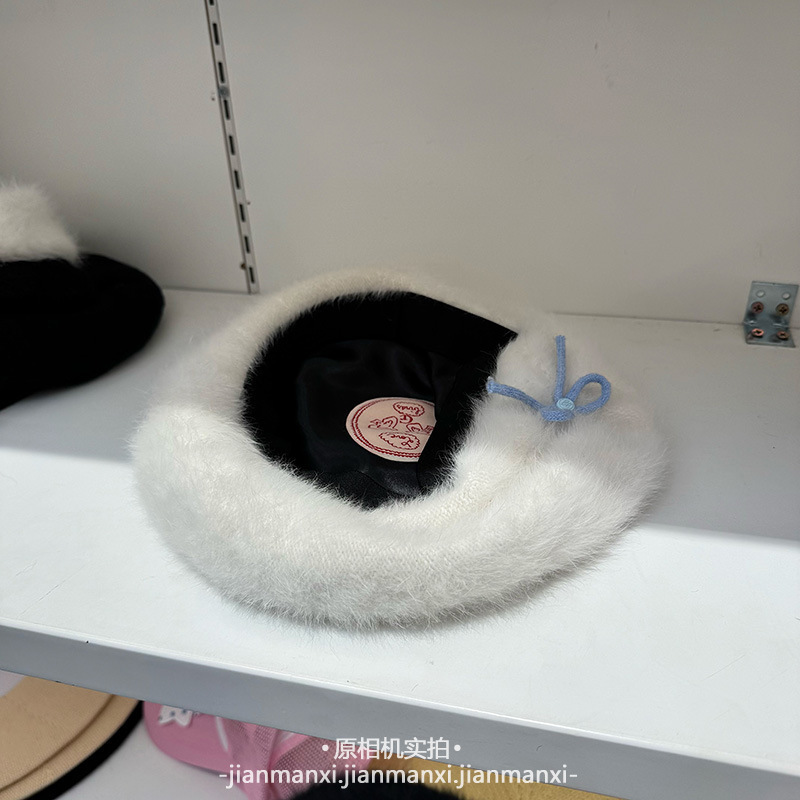 蓝色蝴蝶结兔毛蓓蕾帽子女款秋冬韩版韩国减龄显脸小保暖贝雷帽|undefined