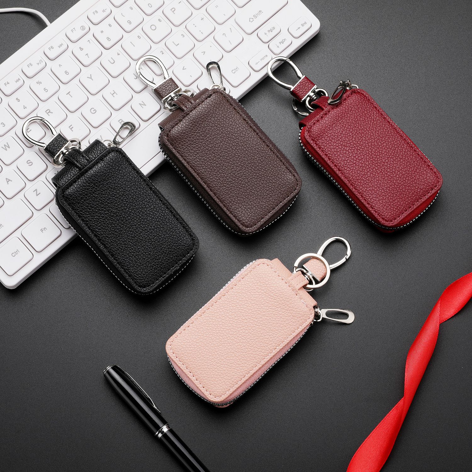 Cross-Border Wallet Men's Key Case Lychee Pattern Pu Car Key Storage Bag Versatile Pendant Car Key Coin Purse