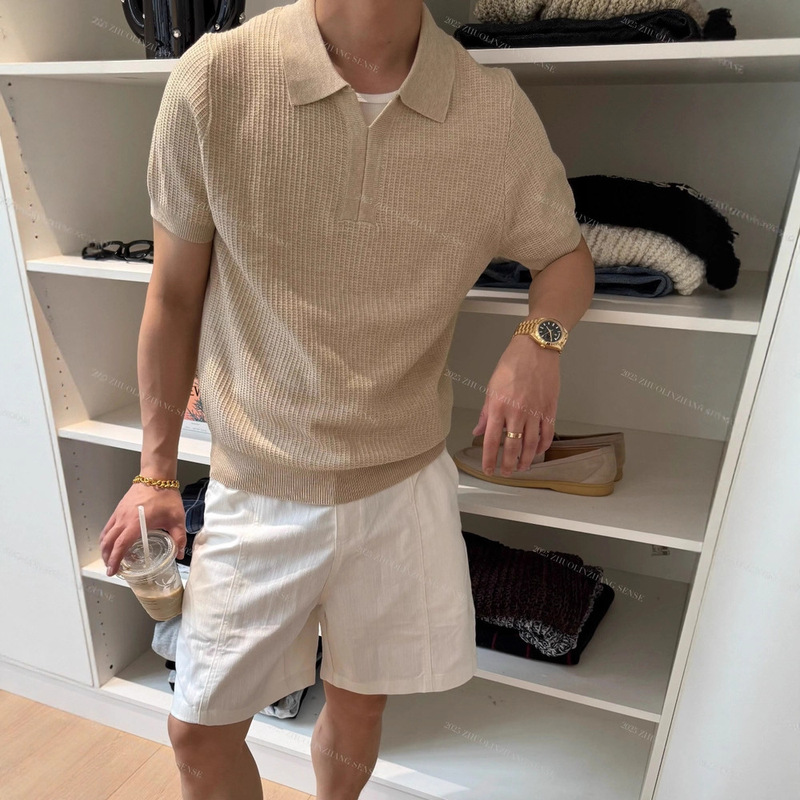 Old Money Style Knitted Ice Silk Short-Sleeve Polo Shirt for Men, Summer Lightweight Breathable Seagull Collar Stylish Half-Sleeve T-Shirt Trendy