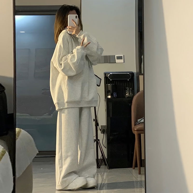 大码美式休闲运动套装女秋冬胖2-300斤宽松卫衣阔腿裤两件套|undefined