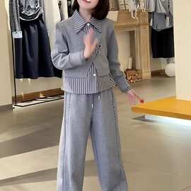 女童装秋装条纹假两件衬衫套装2026新款大童儿童女孩春秋洋气衣服