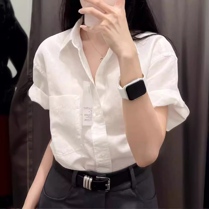 白色短袖衬衫女夏季小众设计高级感休闲百搭通勤衬衣宽松半袖上衣|undefined