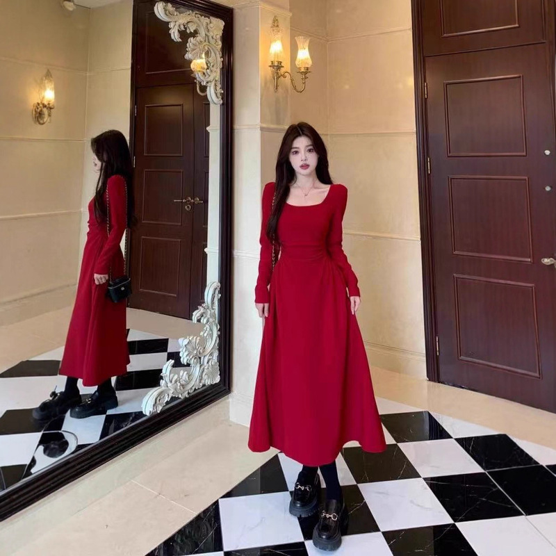 Red Long-Sleeved Dress for Women, Spring & Fall French Engagement Dress, Toast Dress, Can Be Worn at Ordinary Times, Red Skirt, Waist-Cinching Long Skirt Red Long-Sleeved Dress for Women, Spring & Fall French Engagement Dress, Toast Dress, Can Be Worn at Ordinary Times, Red Skirt, Waist-Cinching Long Skirt