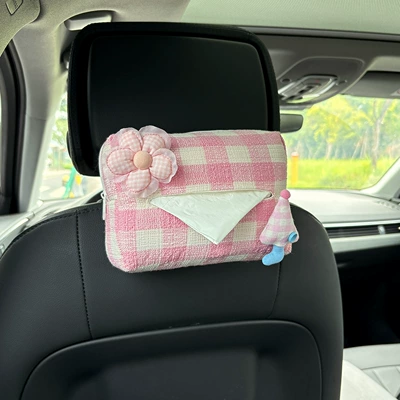 Car tissue box/set | Box Car Tissue Bag - pink-flower-pink-umbrella-plaid-tissue-draw-pink