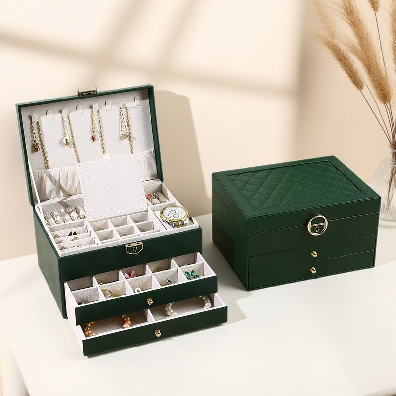 New Large Three-Layer Jewelry Box Chinese Style Desktop Anti-Oxidation Jewelry Storage Box Earrings Watch High-End Storage Box