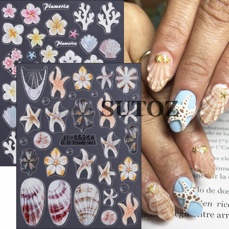 Ocean Floral Theme Waterproof Nail Stickers, 3D Embossed Design, Versatile and Fresh Nail Decoration for Girls