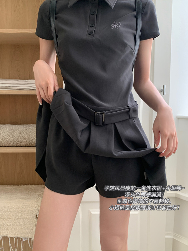 宋正恩polo领短袖衬衫连衣裙女夏季学院风气质收腰百褶灰色短裙子|undefined