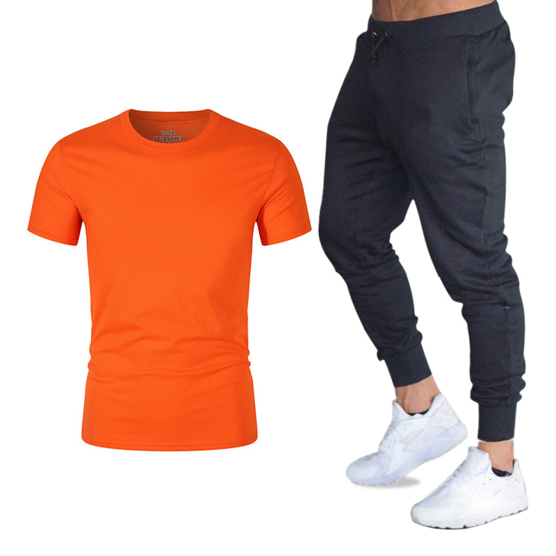 Traje de verano, ropa deportiva, conjunto de dos piezas de camiseta holgada de manga corta y pantalones largos para hombre, camiseta Gildan deportiva de moda