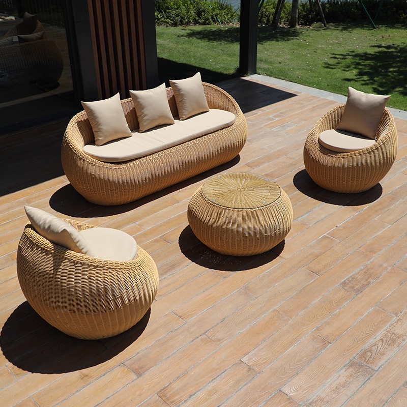 Balcón al aire libre sofá tela de caña mesa de té combinación de caña ocio al aire libre patio silla de caña jardín al aire libre muebles tejidos