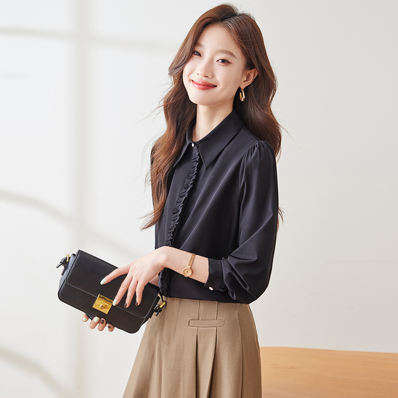 Black Elegant Chiffon Shirt Women's Spring and Autumn 2025 New Professional OL Office Worlds Shirt High-grade Sense Base Shirt