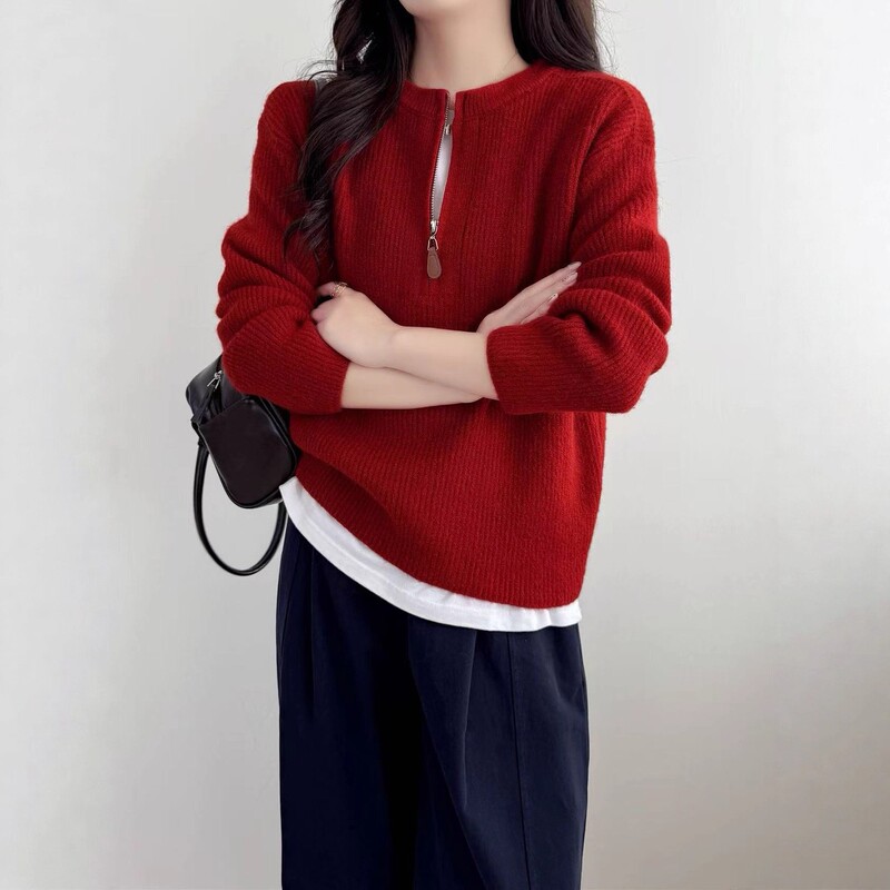 跨境欧美风休闲半拉链圆领套头毛衣女秋冬新款宽松内搭针织衫上衣|undefined