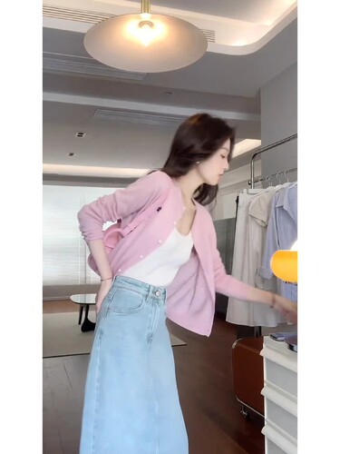 6586 Pink Floral Sheer Knit Cardigan Summer Thin Model Sun Protection Jacket Shawl Cover Top Women