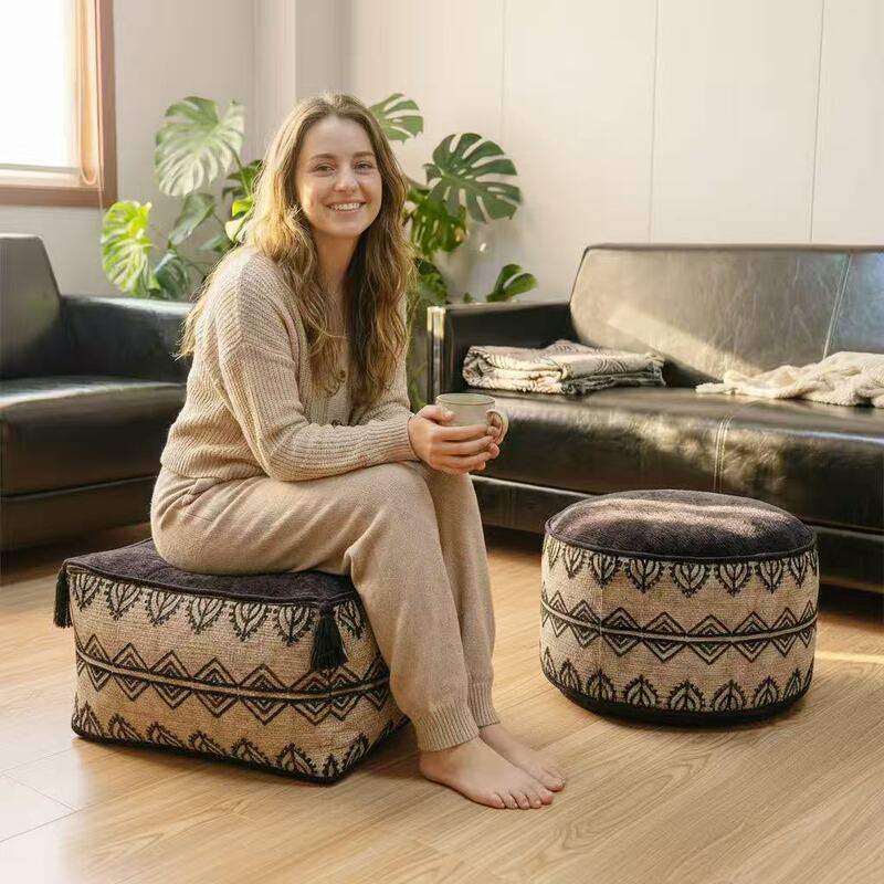 Black Diamond Embroidery Round Pouf Moroccan Series Removable and Washable Cushion Stool Footstool Bay Window Cushion Removable and Washable