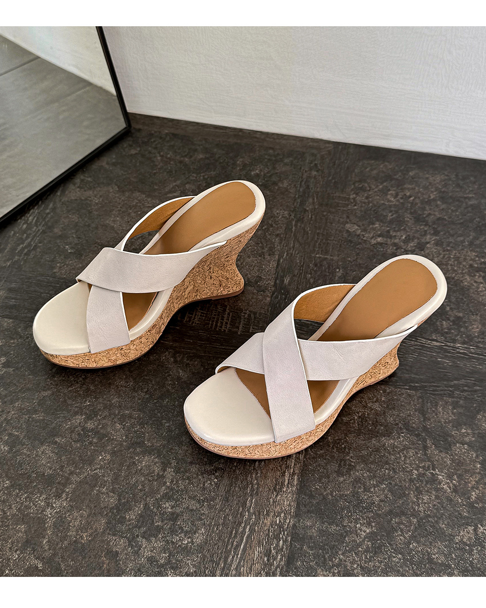 Sandal cao gót nữ quai chéo hở mũi đế xuồng tăng chiều cao — màu nâu, Hồng tím, màu trắng ngà chi tiết 15