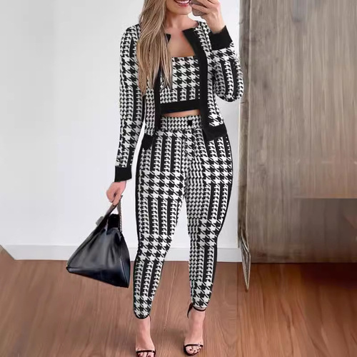 Creative Spring and Autumn European and American Street Style Fashion Women's Tank Top Open Jacket Tight Pants Three-Piece Set Best Selling