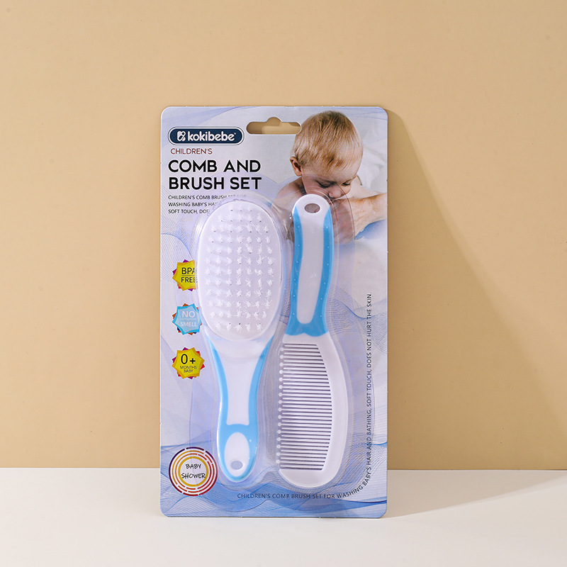 Inglés embalaje bebé de dos colores peine cepillo traje bebé cabeza cuidado peine bebé baño champú cepillo