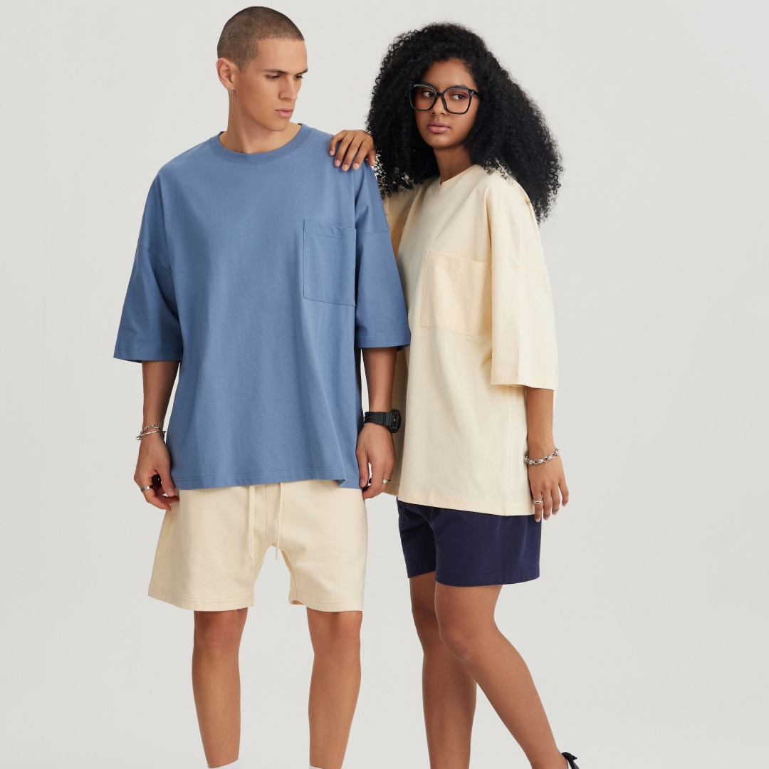 Ropa de hombre LVLV | Algodón pesado transfronterizo ancho fuera del hombro Bolsillo de manga de 5 puntos High Street Camiseta de marca de moda de comercio exterior ancho T