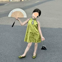 Детская одежда для девочек, новое платье Cheongsam в китайском стиле, летнее новое стильное зеленое платье без рукавов с воротником на шее в китайском стиле