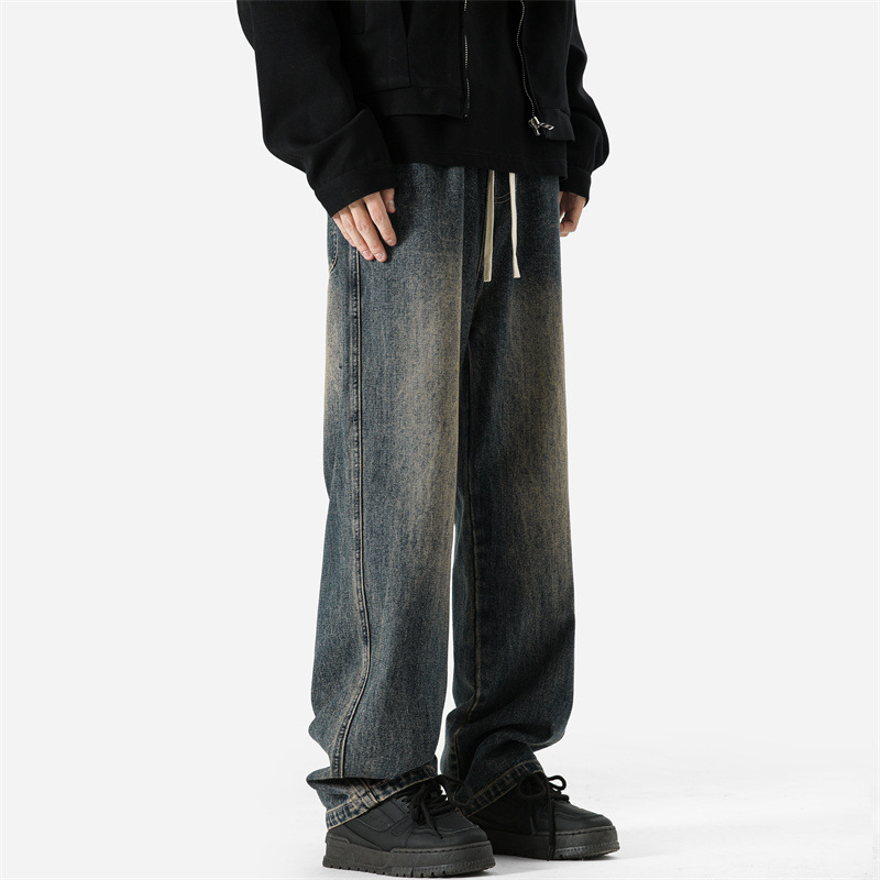 American Style High Street Jeans Men's Autumn 2023 New Fashion Brand Loose Retro Straight Pants Washed Casual Micro-pants