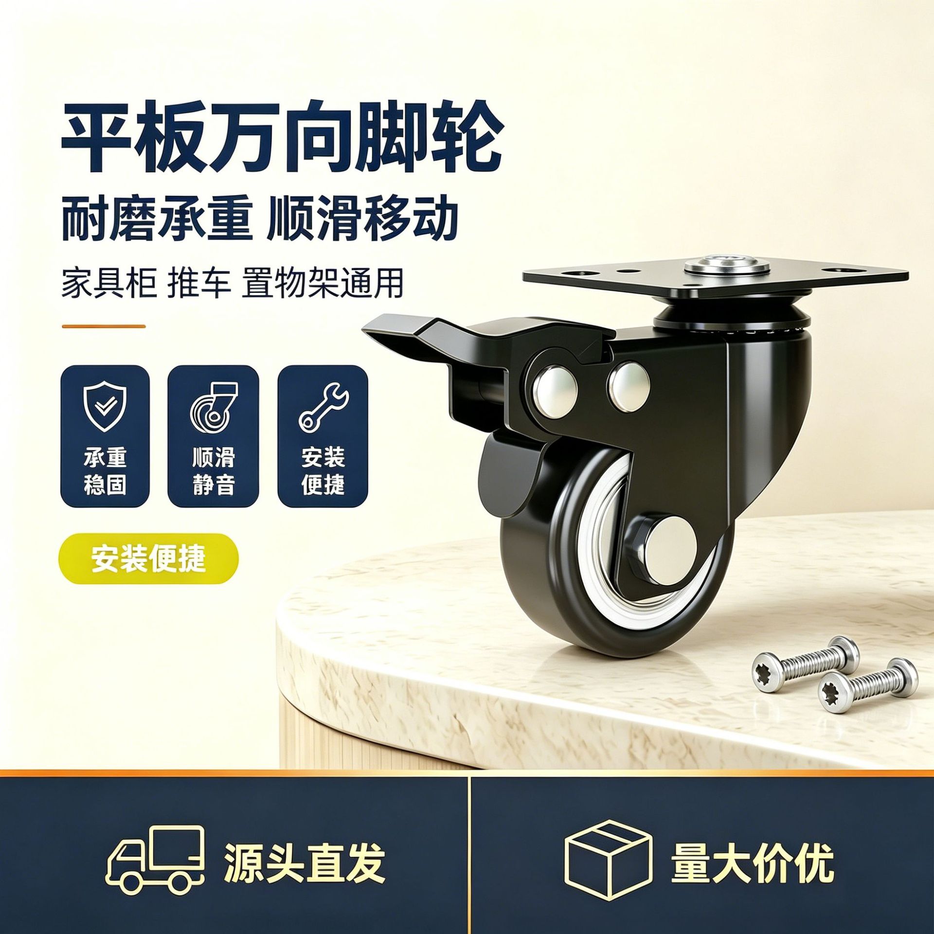 Heavy-Duty Swivel Casters, Silent Casters, Directional Casters, Load-Bearing Casters with Brakes, Small Wheels, Mobile Rollers