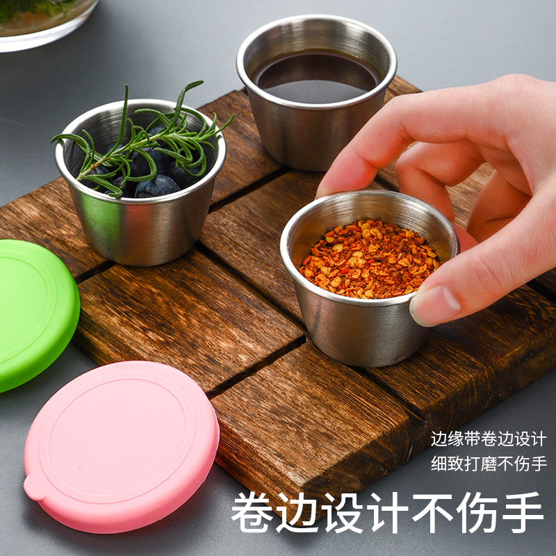 304 plato de inmersión de acero inoxidable sellado a prueba de fugas cubierta de silicona plato pequeño carne ensalada salsa taza 70ml condimento plato