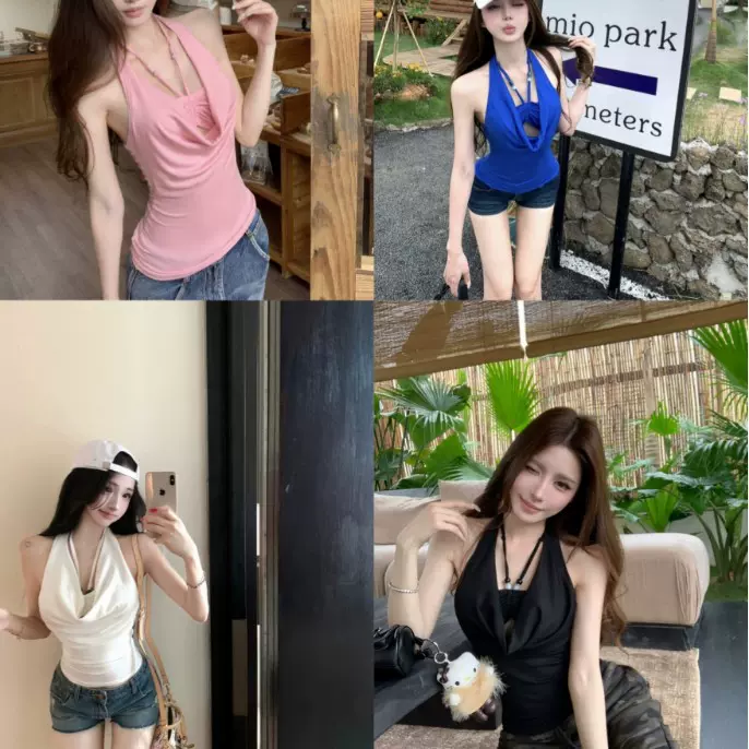 L3326#2025小众设计露背双层挂脖荡领吊带上衣女露背抹胸串珠背心