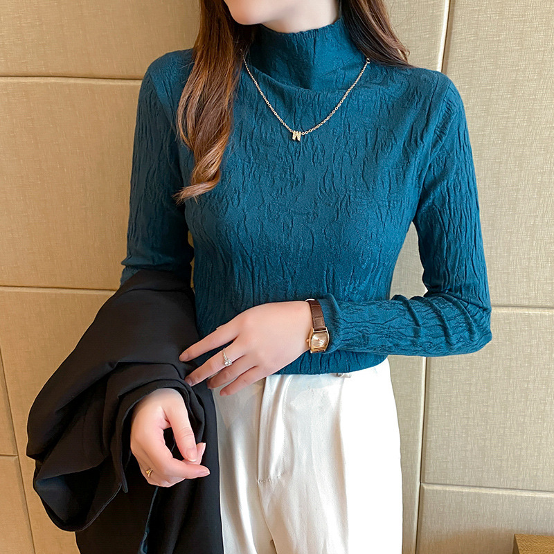 Blanco medio cuello alto suéter de las mujeres Camiseta de manga larga 2022 otoño e invierno nuevo suéter delgado superior