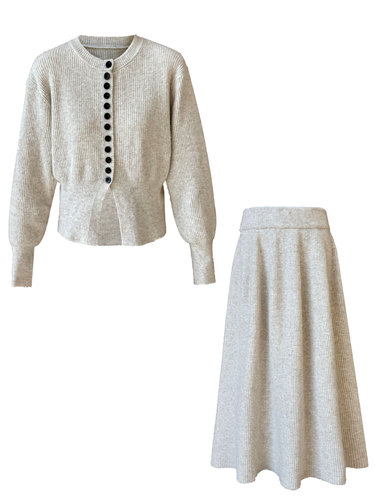 Luxe French-Style Round Neck One-Button Cardigan Top + Skirt Set, Little Shouchang Windy Dress, Size SS366