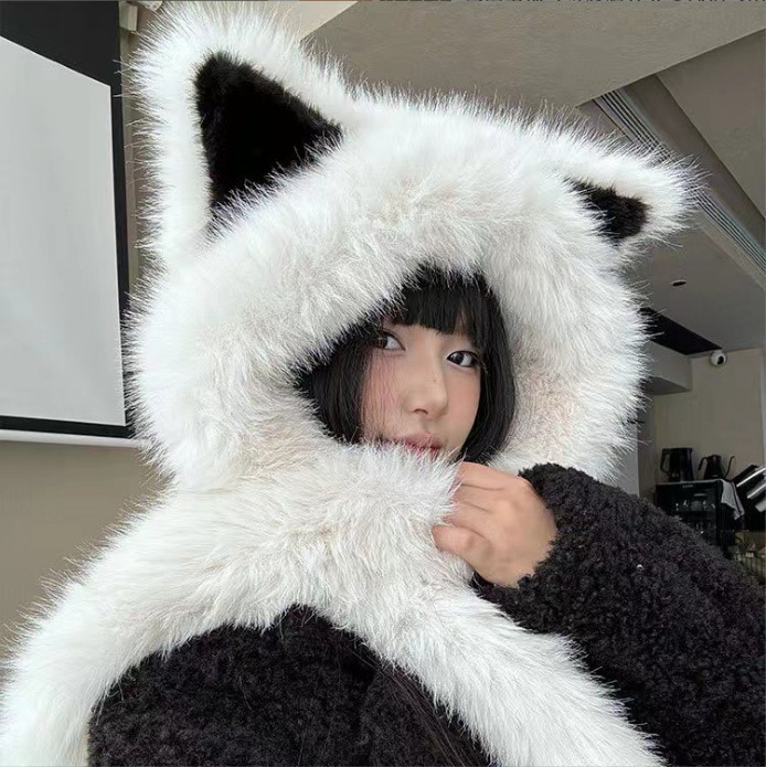厚みのある防寒ぬいぐるみキツネ耳帽子女性の冬のスカーフオールインワン新しい暖かい顔見せ小さな雷峰帽子|undefined