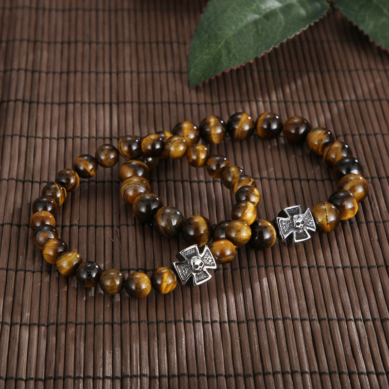 25g Weight Bracelets Classification Daily, Street Occasion turquoise, Agate, Tiger Eye Material Halloween Festival Cross, Skull Pattern Men's Gender Punk Style Punk Cross Skull Turquoise Agate Tiger Eye Halloween Men's Bracelets Men Beaded Bracelets 1