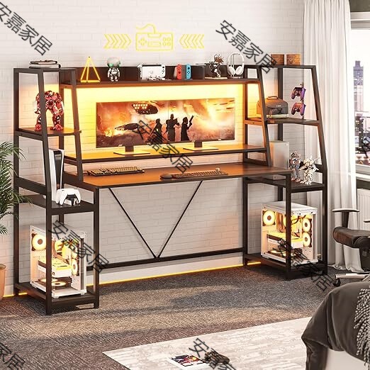 Game table with LED lights, cabinets and storage racks, computer desk with monitor stand, Game table with LED lights, cabinets and storage racks, computer desk with monitor stand,