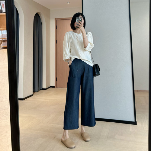 Zedejiayi: Dark-tinged Tencel Anti-Wrinkle, Loose-Fitting, Slimming High-Waist Wide-Leg Pants – Summer, High-Waist, Flowing Design, Cropped Style