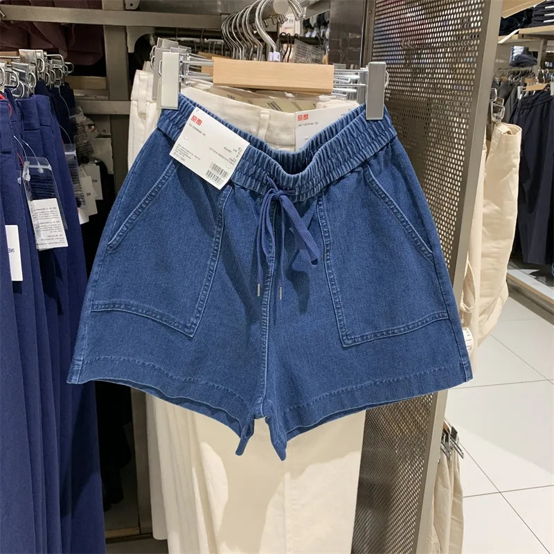 Mùa hè 2024 phong cách mới giặt cotton quần short denim dây thắt lưng co giãn dáng rộng denim ngắn dệt kim quần âu