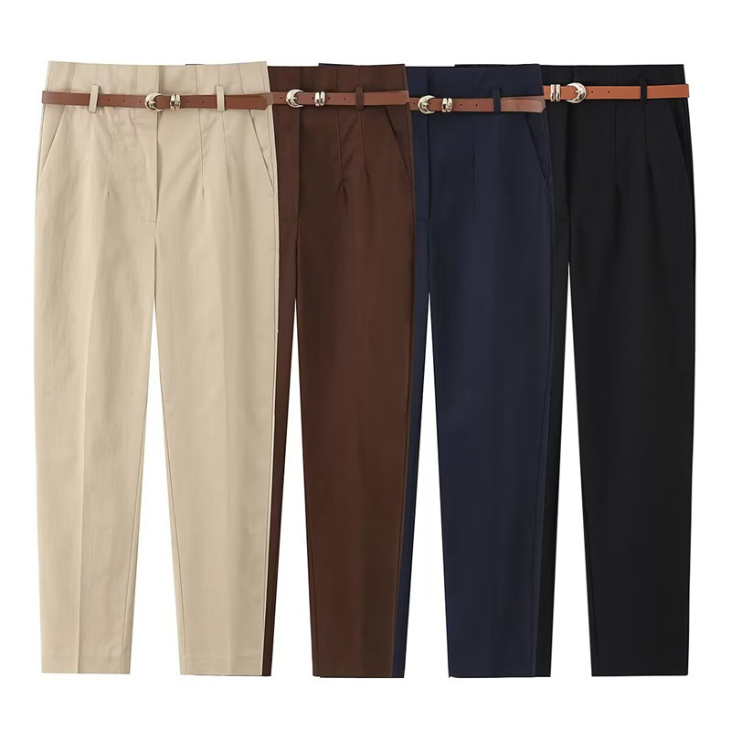 Unizera Women's Clothing 2026 Summer New Solid Color Casual High-Waisted Ankle-Length Pants with Belt for Women 4387148