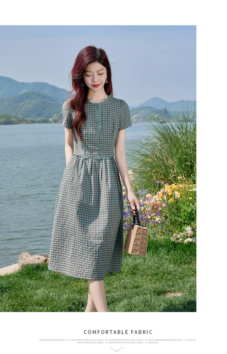 Đầm sơ mi kẻ caro cotton retro eo buộc dây dài trung bình — Màu sắc hình ảnh chi tiết 19
