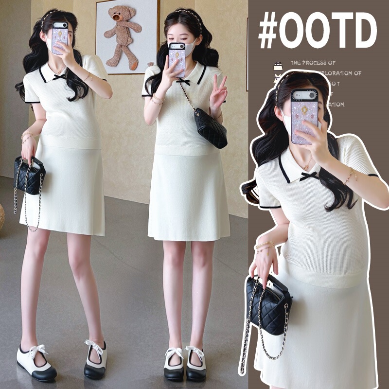 【Floral】 Lusi Knitted Dress~ Korean-Style White Color-Blocking Polo Collar College Style Age-Reducing Short-Sleeve Maternity Dress for Summer