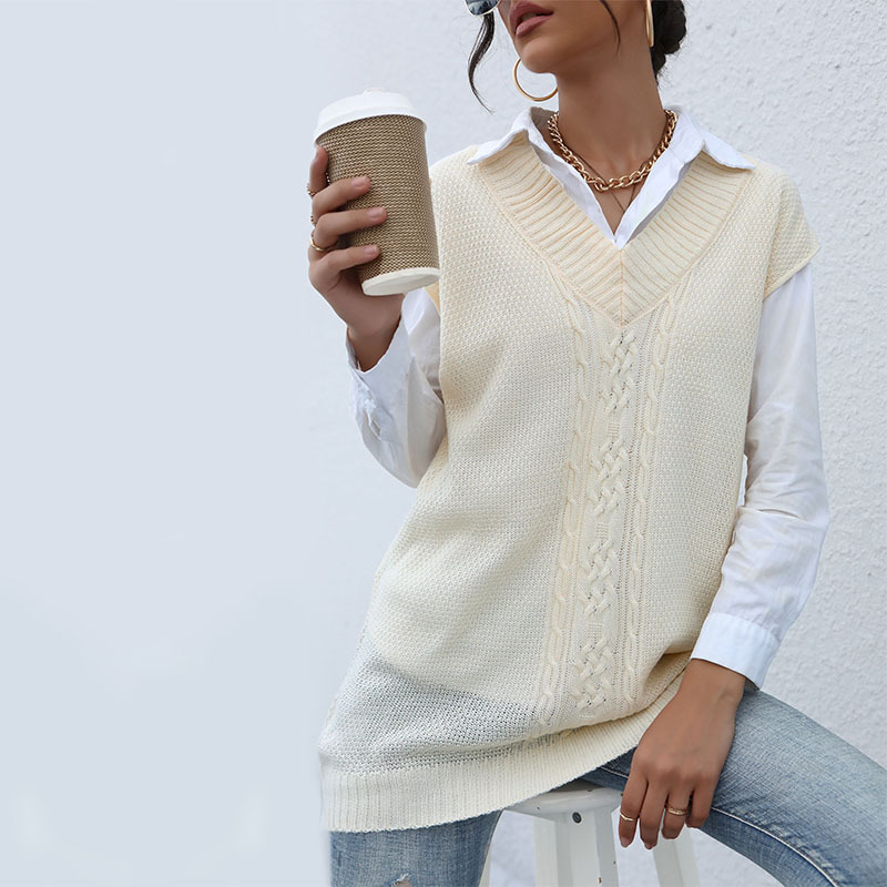 Gilets décontractés tricotés à col en V de couleur unie_voghion.com