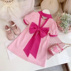 Girls' Summer Dress 2024 New Arrival Korean Style Cute Children Butterfly Bow Skirt Short Sleeve Princess Dress