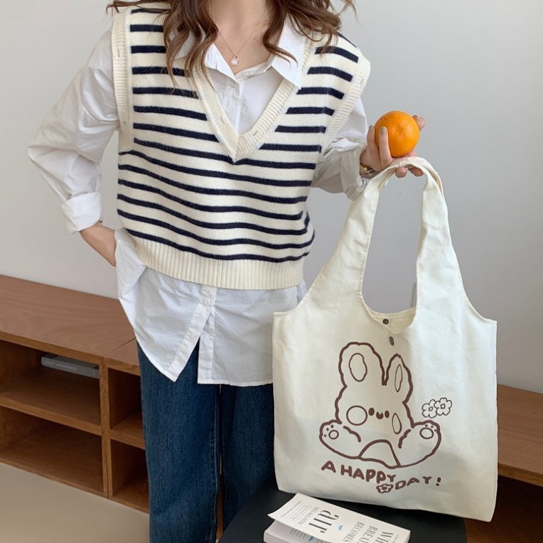 卡通印花萌兔可爱熊便携大容量购物袋学生手提袋子女士外出帆布袋