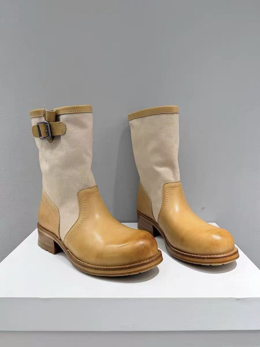 4cm Lift Buckle Detail Round Toe Chunky Heel Riding Boots For Women - Stackable Mid-Calf Boots Distinctive Buckle Accent_vogvips.com